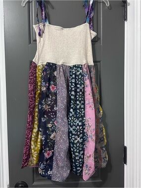 Young Threads Cream Ribbed Bodice Floral Patchwork Sundress with Tie Straps